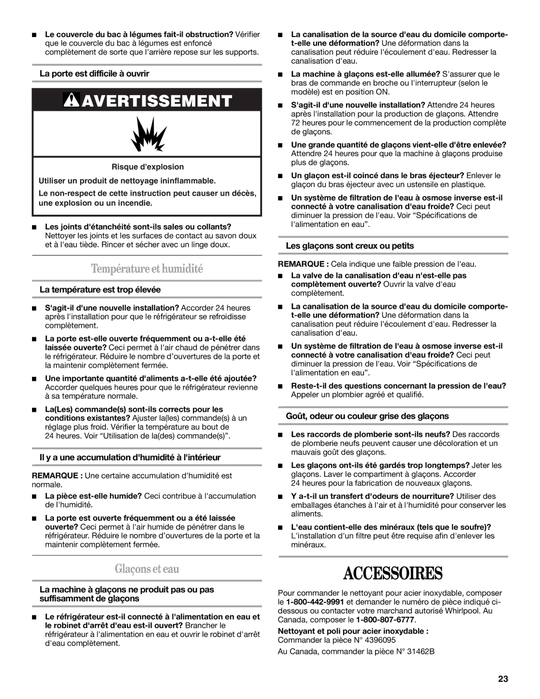 Whirlpool W10208840A, W10208839A installation instructions Accessoires, Température et humidité, Glaçons et eau 