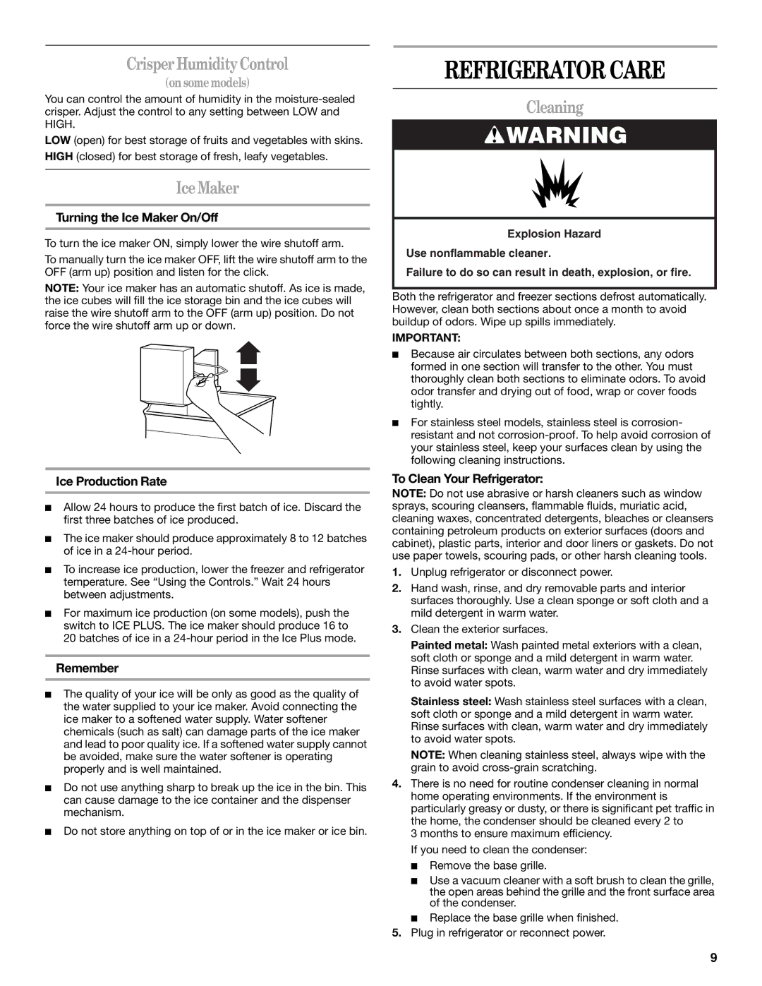 Whirlpool W10208840A, W10208839A installation instructions Refrigerator Care, Crisper Humidity Control, Ice Maker, Cleaning 