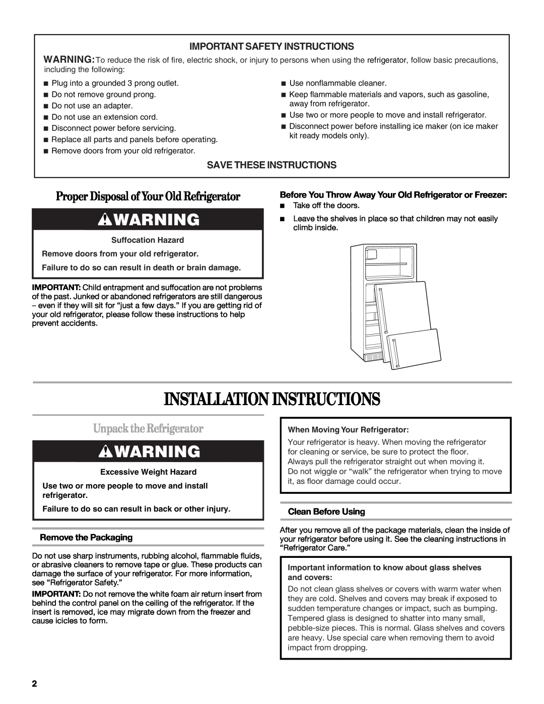 Whirlpool W10208839A Installation Instructions, Unpack the Refrigerator, Important Safety Instructions, Clean Before Using 
