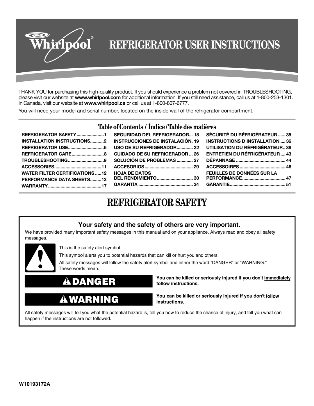 Whirlpool W10193172A, W10213155A installation instructions Refrigerator User Instructions, Refrigerator Safety 