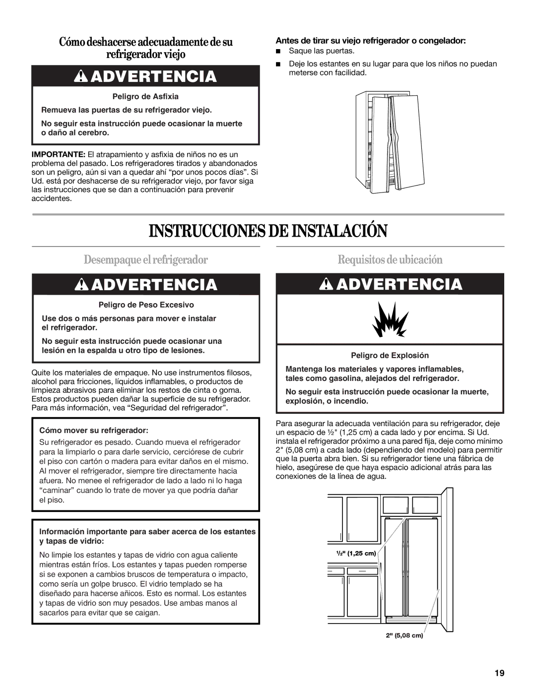 Whirlpool W10193172A, W10213155A Instrucciones DE Instalación, Desempaque el refrigerador, Requisitos de ubicación 