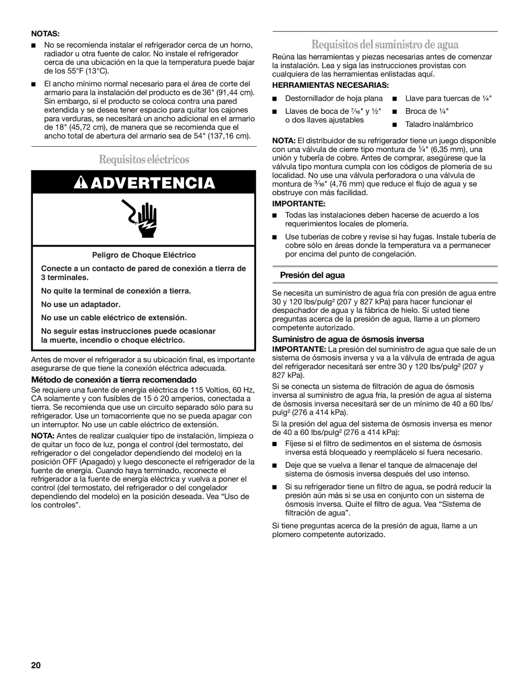 Whirlpool W10213155A Requisitos eléctricos, Requisitos del suministro de agua, Método de conexión a tierra recomendado 