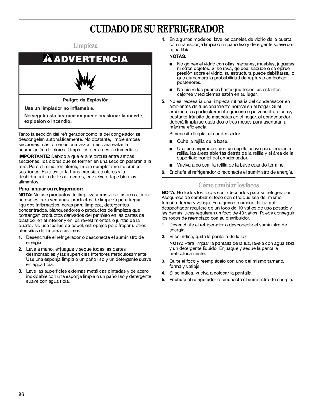 Whirlpool W10213155A Cuidado DE SU Refrigerador, Limpieza, Cómo cambiar los focos, Para limpiar su refrigerador 