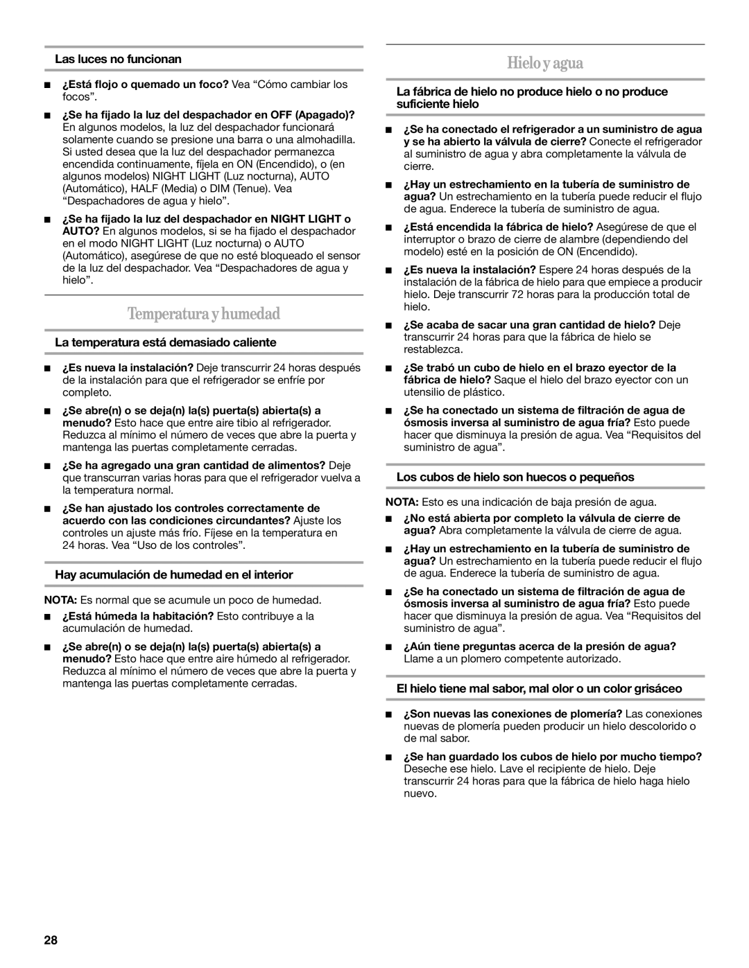 Whirlpool W10213155A, W10193172A installation instructions Temperatura y humedad, Hielo y agua 