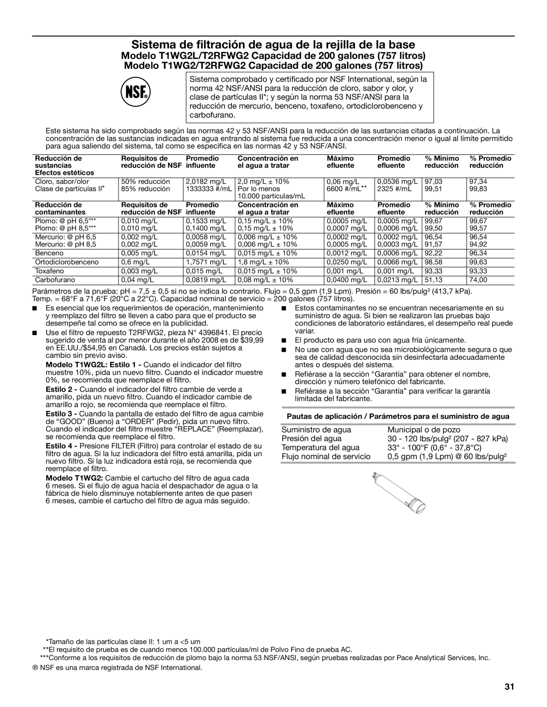 Whirlpool W10193172A, W10213155A installation instructions Sistema de filtración de agua de la rejilla de la base 