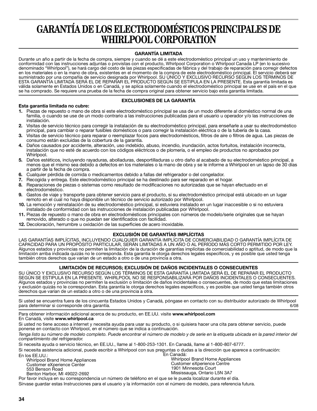 Whirlpool W10213155A Whirlpool Corporation, Garantía Limitada, Exclusiones DE LA Garantía, Esta garantía limitada no cubre 