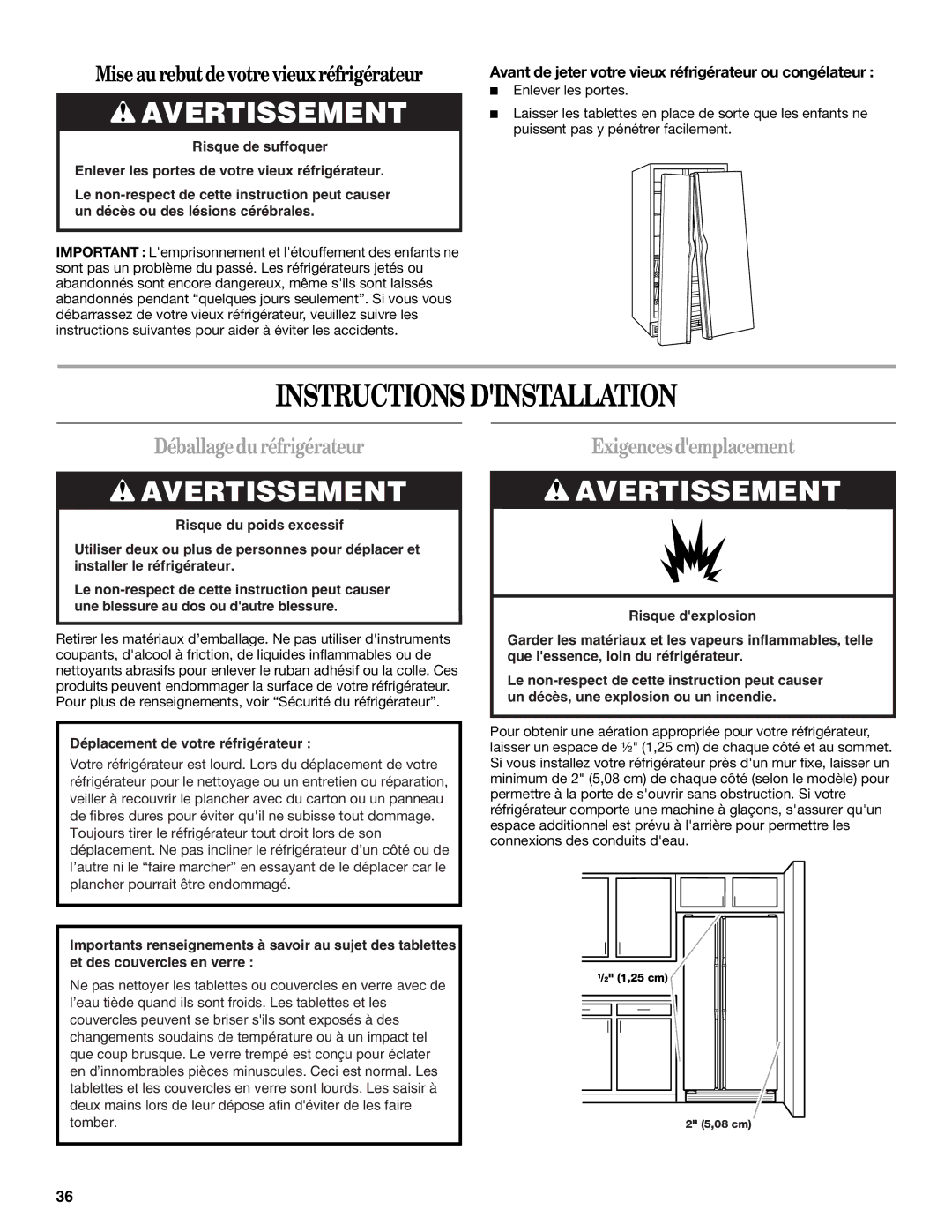 Whirlpool W10213155A, W10193172A Instructions Dinstallation, Déballagedu réfrigérateur, Exigences demplacement 