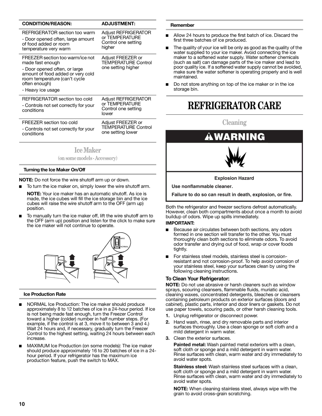 Whirlpool W10214130A installation instructions Refrigerator Care, Ice Maker, Cleaning, To Clean Your Refrigerator 