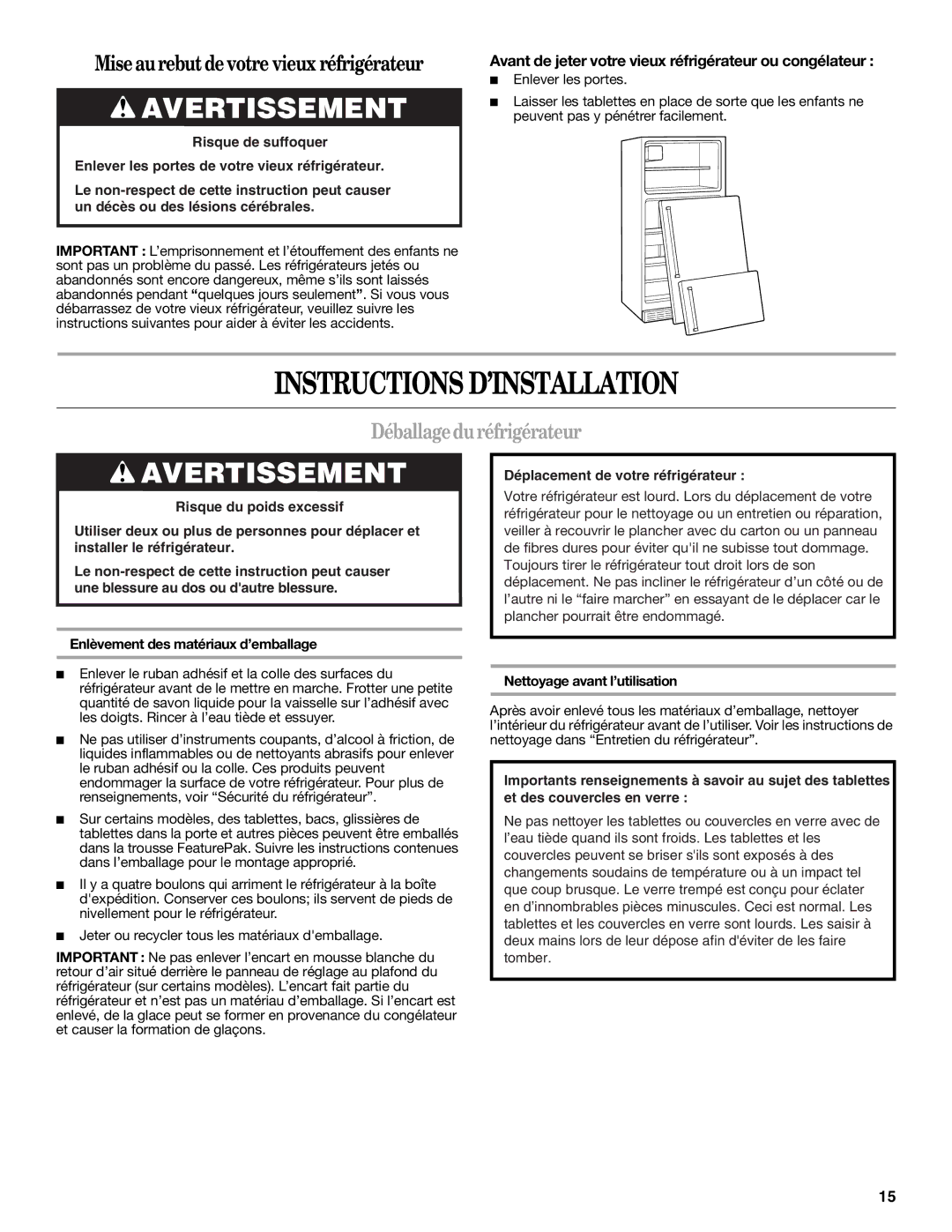 Whirlpool W10214130A Instructions D’INSTALLATION, Déballage duréfrigérateur, Nettoyage avant l’utilisation 