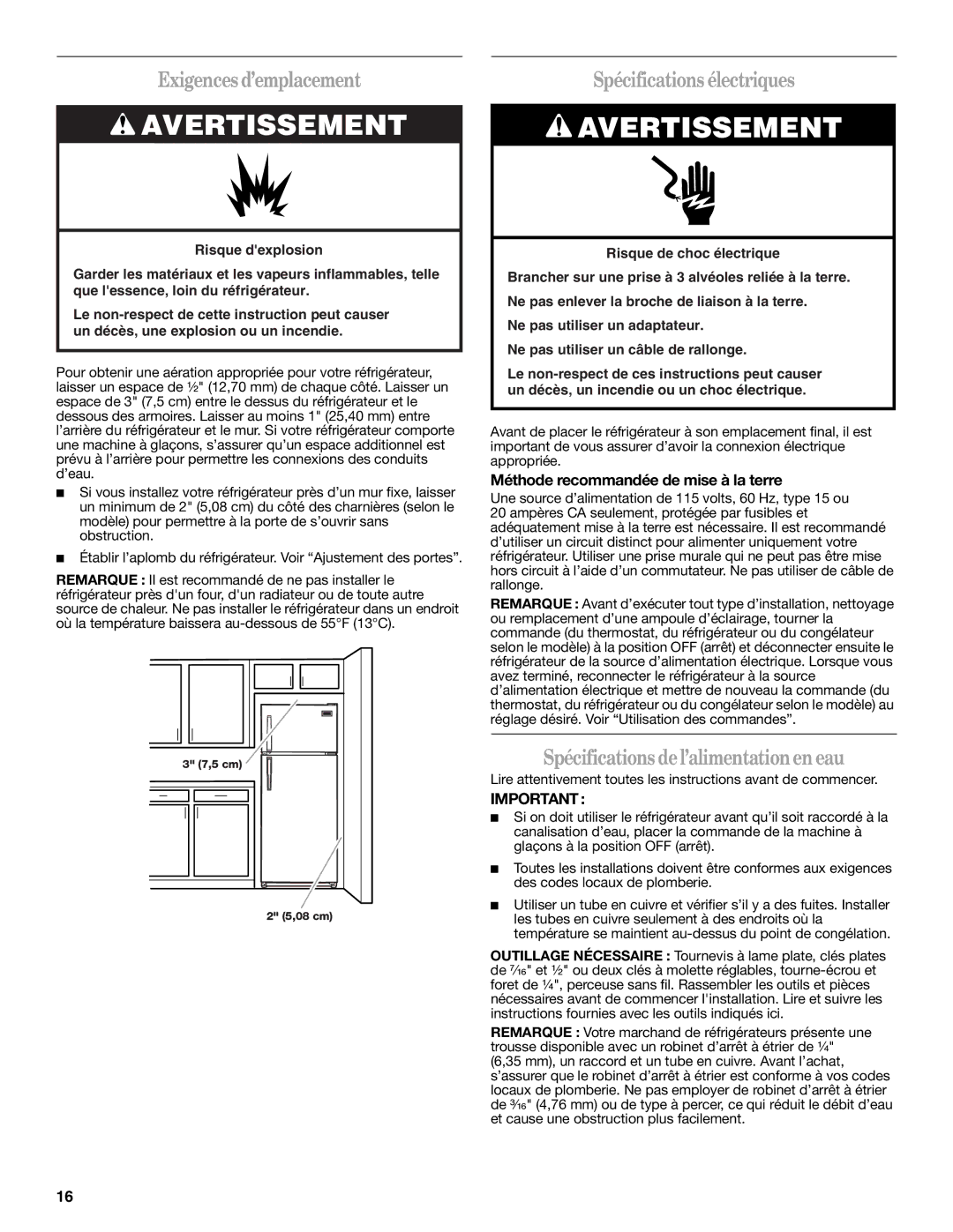 Whirlpool W10214130A Exigences d’emplacement, Spécifications électriques, Spécifications del’alimentationen eau 