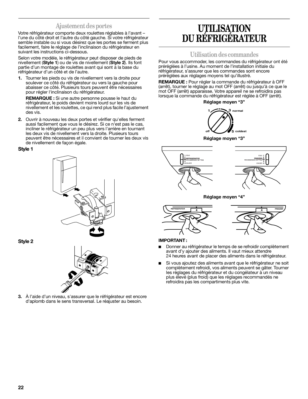 Whirlpool W10214130A Utilisation DU Réfrigérateur, Ajustement desportes, Utilisation des commandes, Réglage moyen 