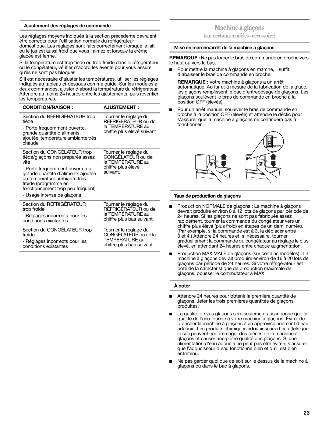 Whirlpool W10214130A Machine à glaçons, Ajustement des réglages de commande, Mise en marche/arrêt de la machine à glaçons 