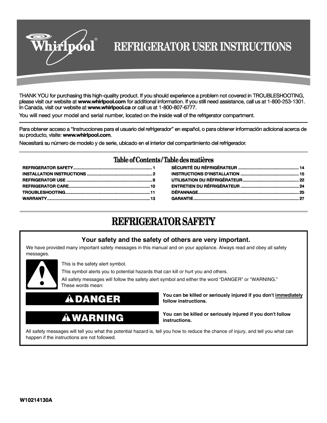 Whirlpool W10214130A installation instructions Refrigerator Safety, Danger, Table of Contents / Table desmatières 