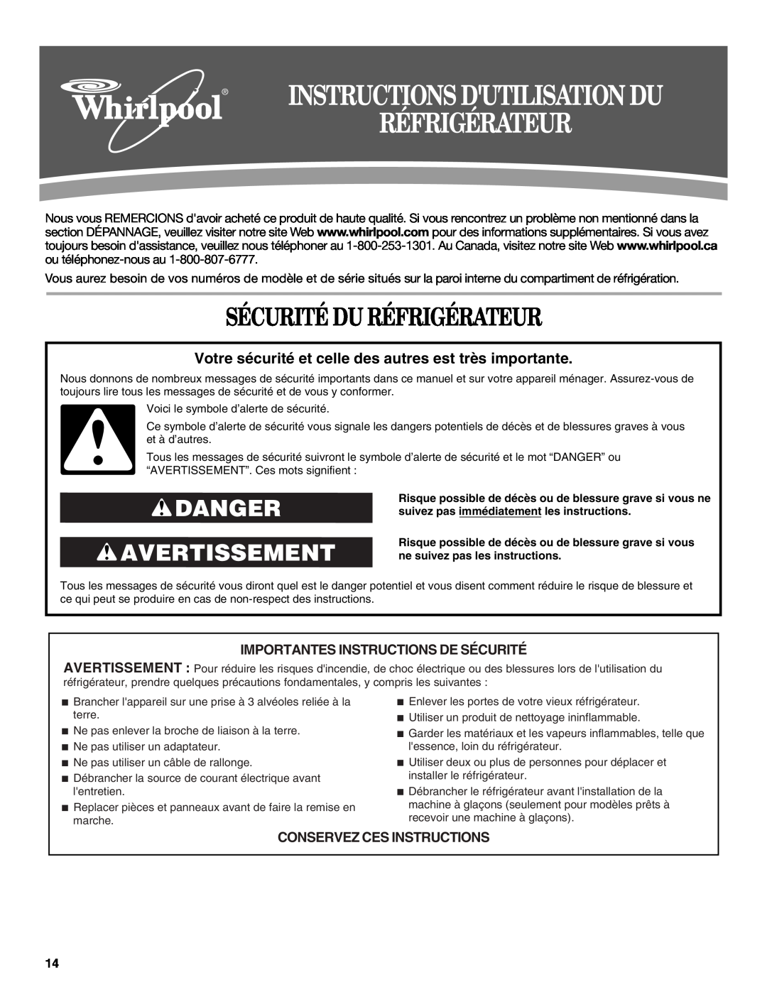 Whirlpool W10214130A Sécurité Du Réfrigérateur, Danger Avertissement, Importantes Instructions De Sécurité 
