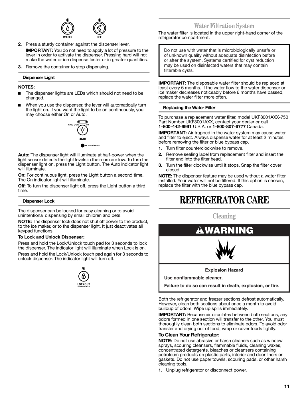 Whirlpool W10215185A Refrigerator Care, Water Filtration System, Cleaning, To Clean Your Refrigerator 