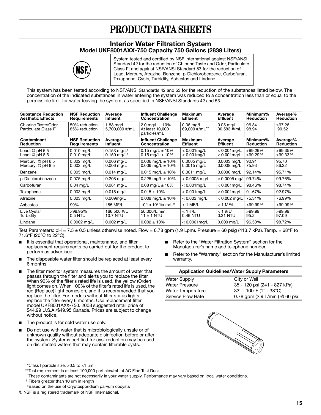 Whirlpool W10215185A installation instructions Product Data Sheets, Application Guidelines/Water Supply Parameters 