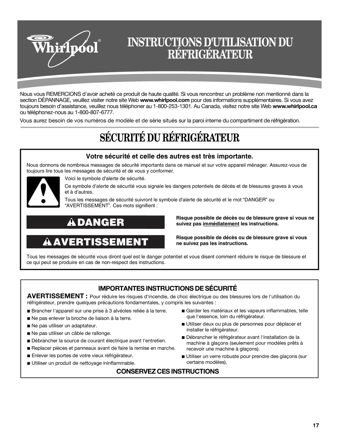 Whirlpool W10215185A installation instructions Sécurité DU Réfrigérateur 