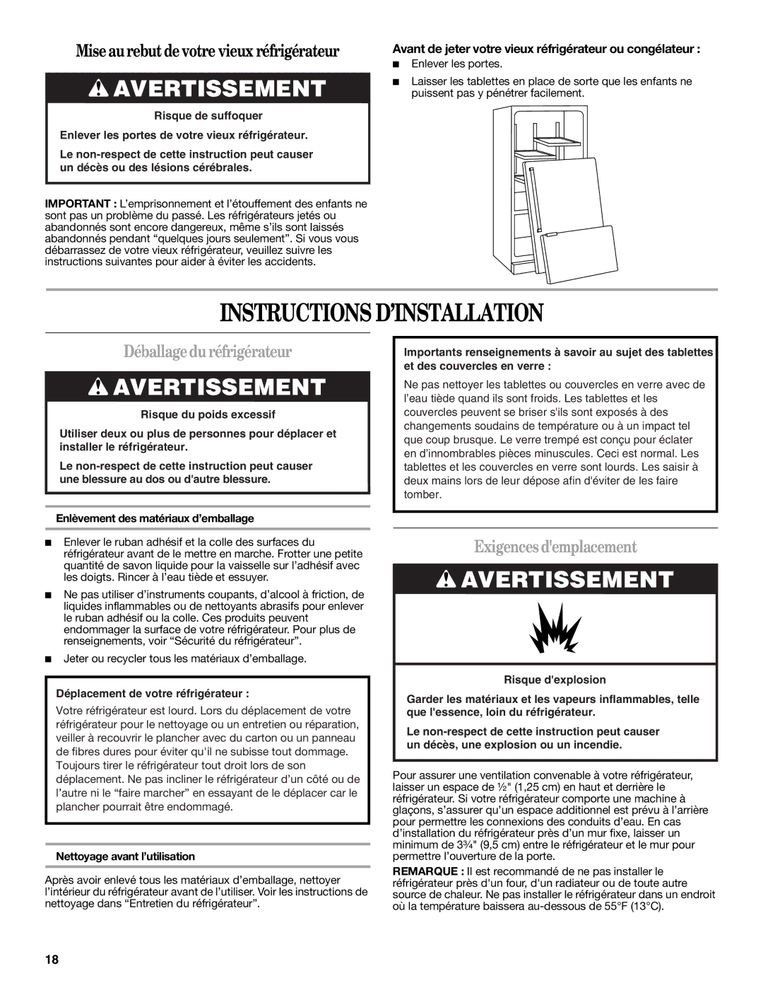 Whirlpool W10215185A Instructions D’INSTALLATION, Déballagedu réfrigérateur, Exigences demplacement 