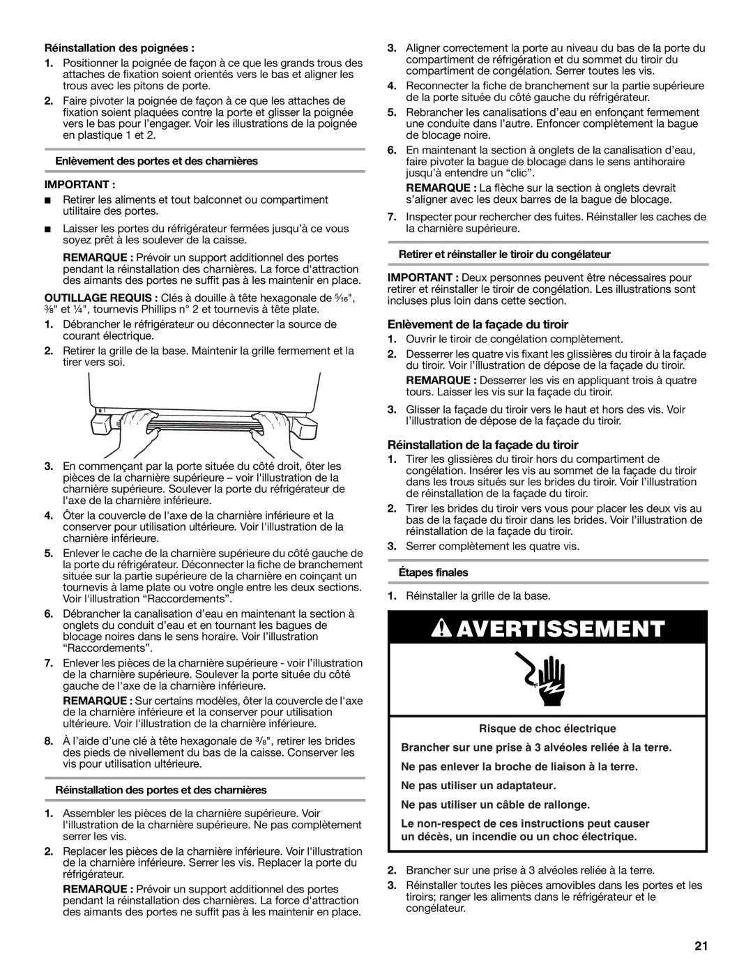 Whirlpool W10215185A installation instructions Enlèvement de la façade du tiroir, Réinstallation de la façade du tiroir 