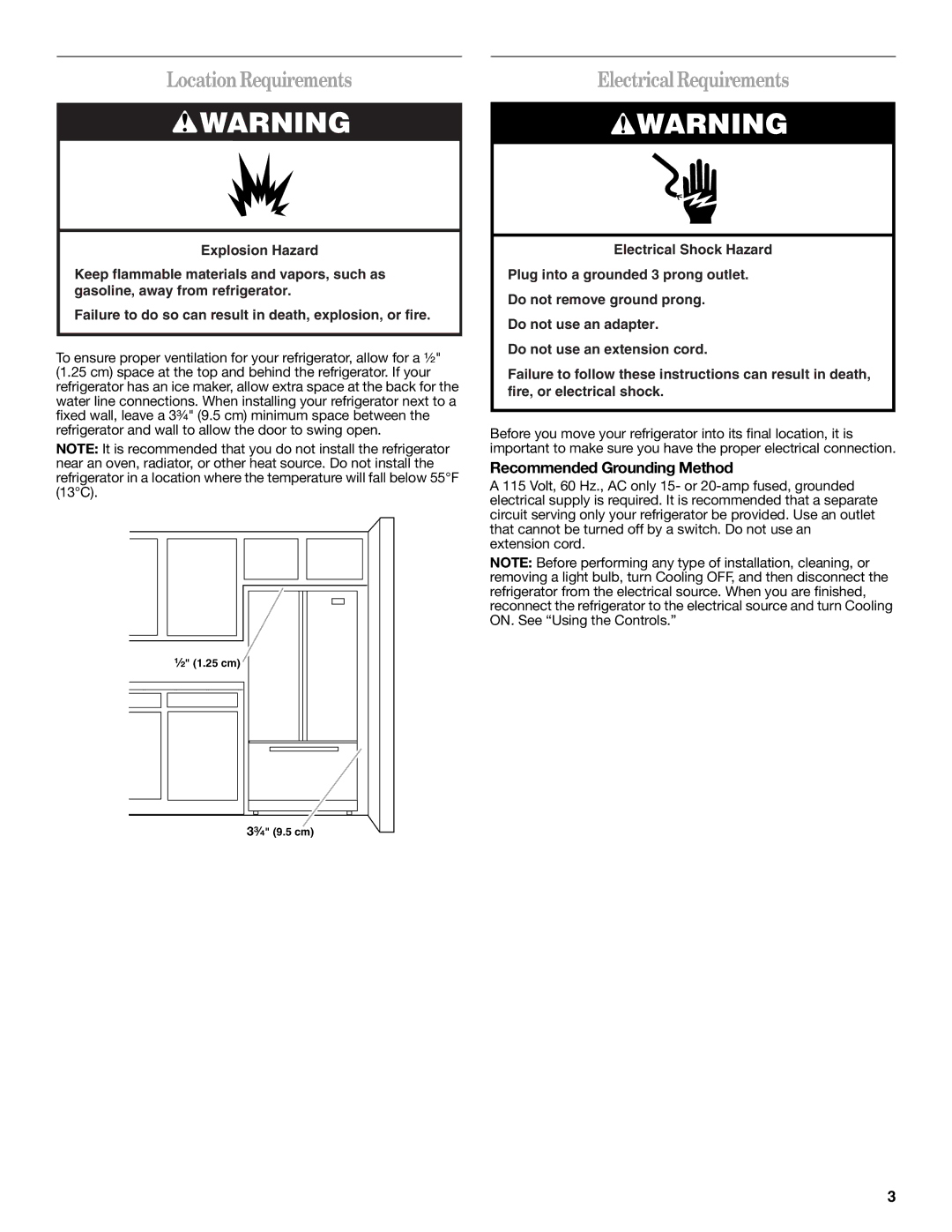 Whirlpool W10215185A installation instructions LocationRequirements, Electrical Requirements, Recommended Grounding Method 