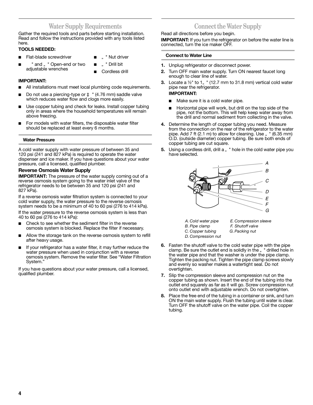 Whirlpool W10215185A Water Supply Requirements, Connect the Water Supply, Reverse Osmosis Water Supply, Tools Needed 