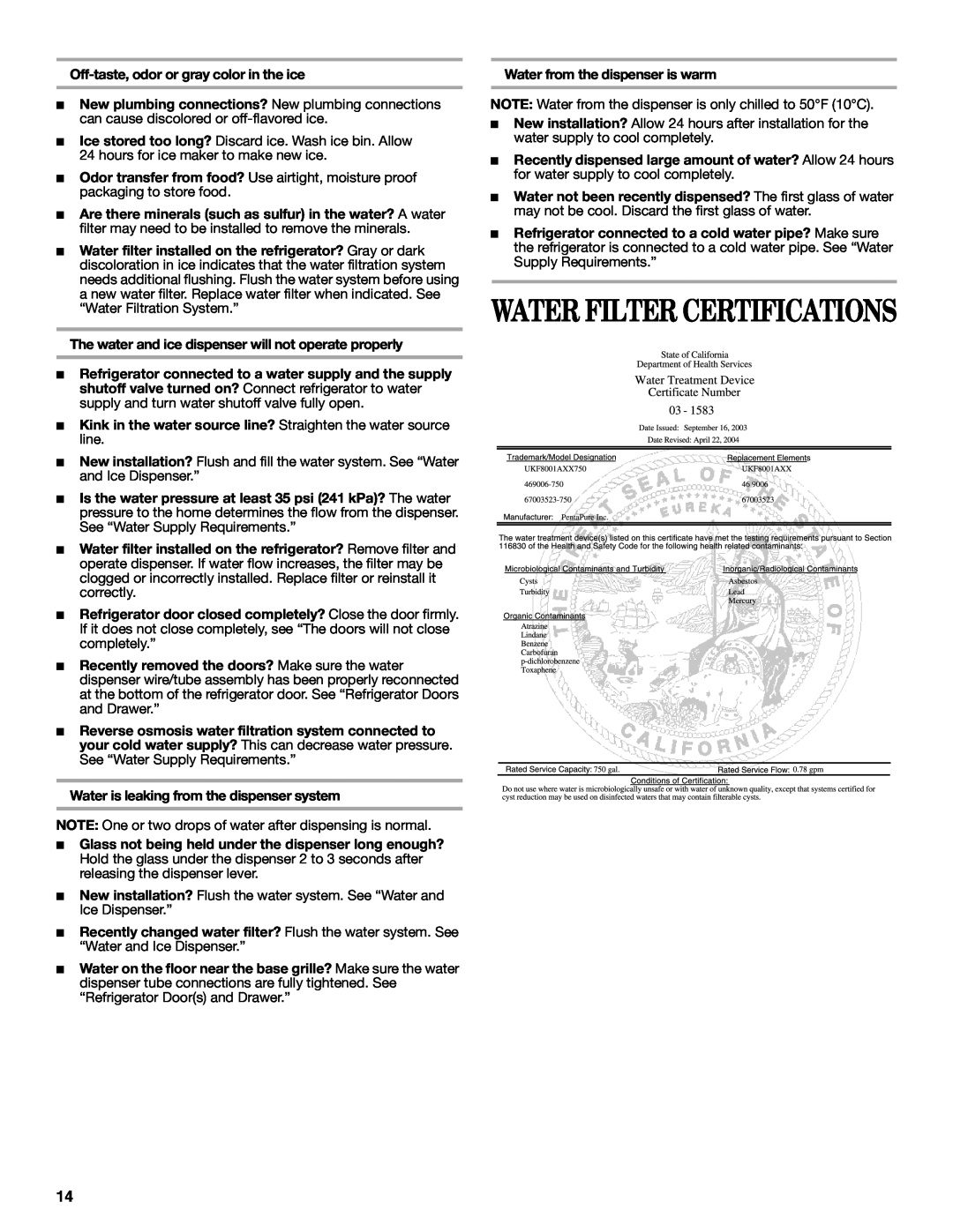 Whirlpool W10215185A installation instructions Water Filter Certifications, Off-taste, odor or gray color in the ice 