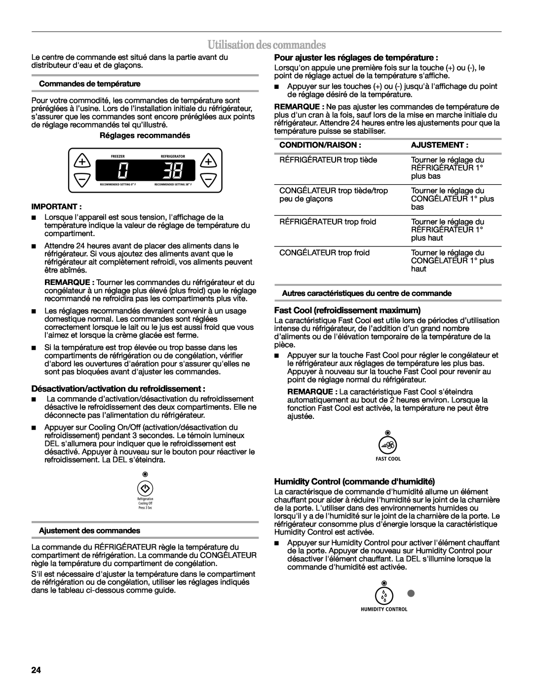 Whirlpool W10215185A Utilisationdes commandes, Désactivation/activation du refroidissement, Commandes de température 