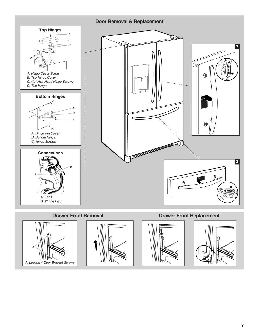Whirlpool W10215185A Door Removal & Replacement, Drawer Front Removal, Drawer Front Replacement, Top Hinges, Bottom Hinges 