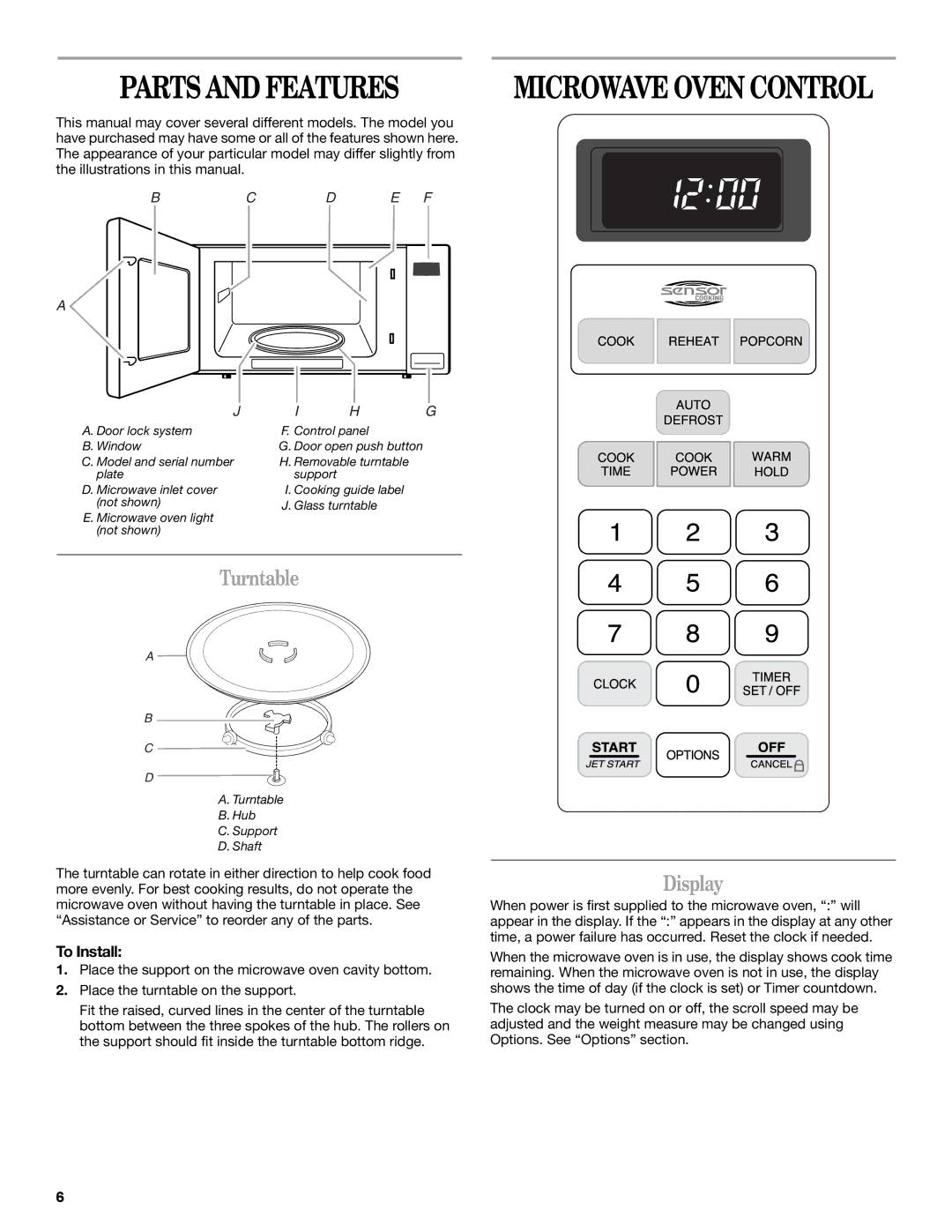 Whirlpool W10217293A, W10188233A, MFL57066201 manual Parts and Features, Turntable, Display, To Install 