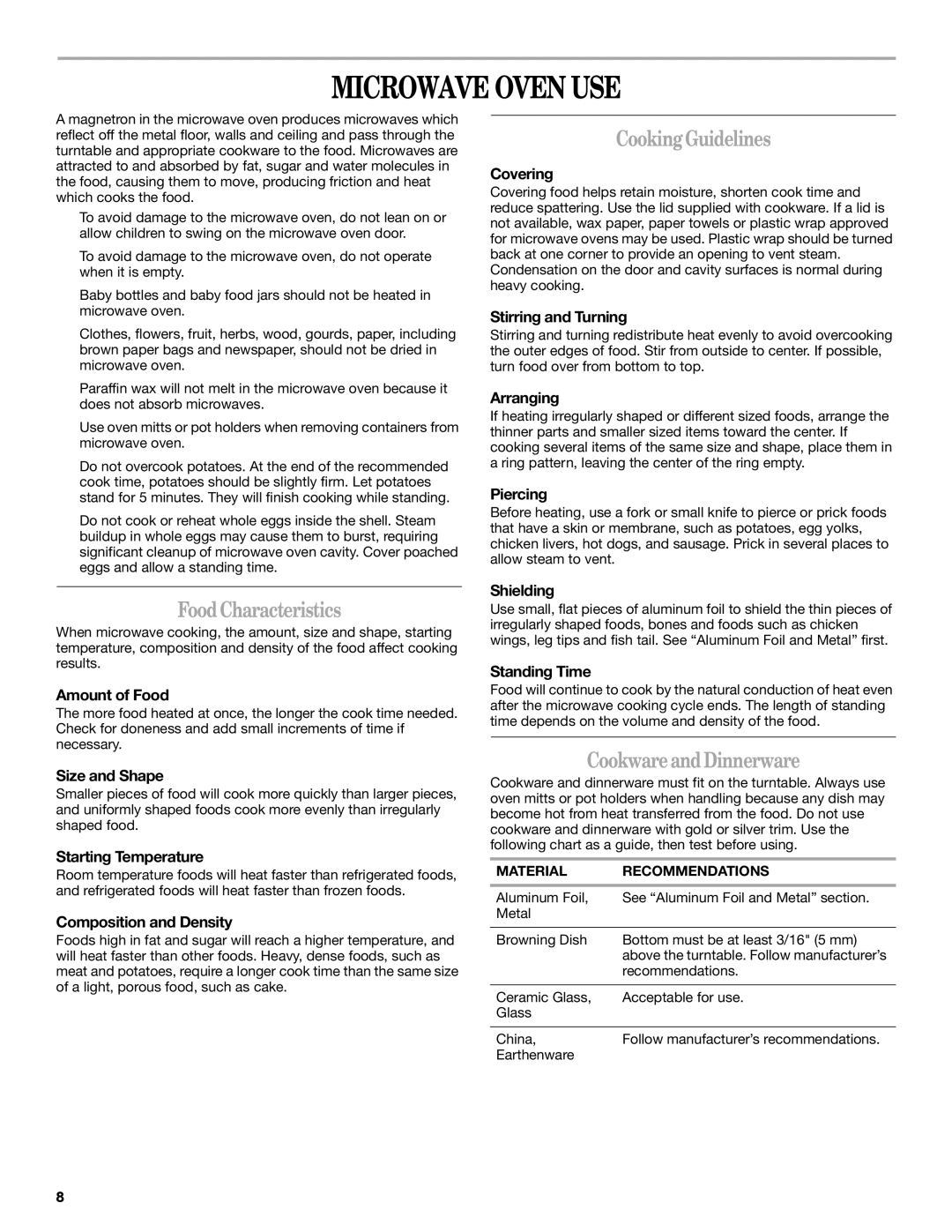 Whirlpool MFL57066201, W10217293A manual Microwave Oven USE, FoodCharacteristics, CookingGuidelines, CookwareandDinnerware 