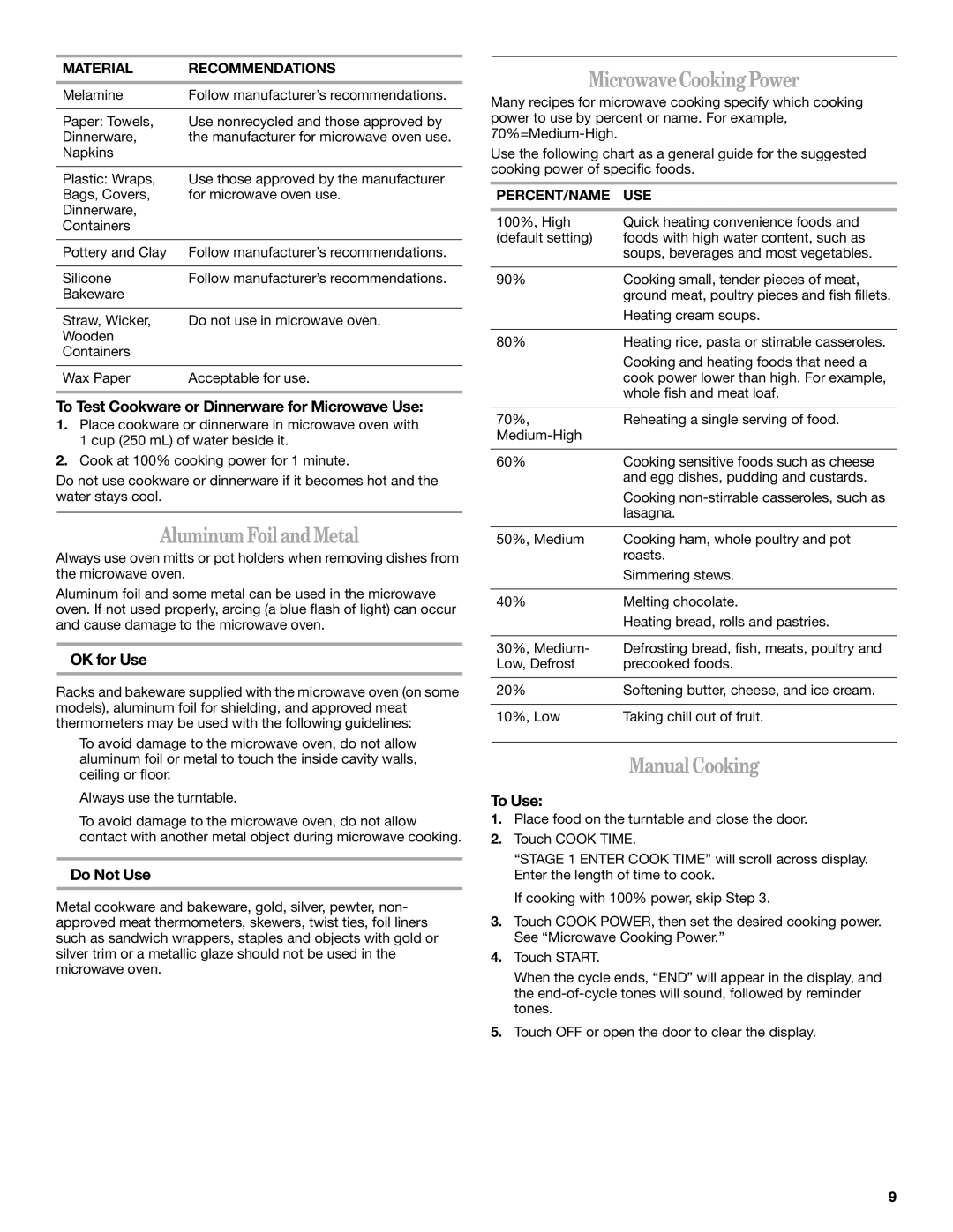 Whirlpool W10217293A, W10188233A, MFL57066201 manual AluminumFoilandMetal, MicrowaveCookingPower, ManualCooking 