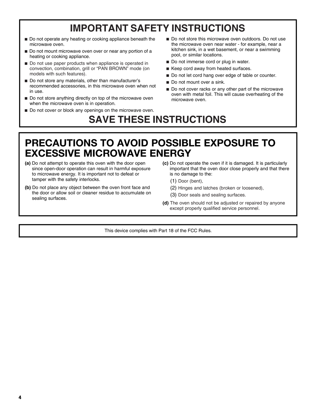 Whirlpool W10188233A Precautions To Avoid Possible Exposure To Excessive Microwave Energy, Important Safety Instructions 