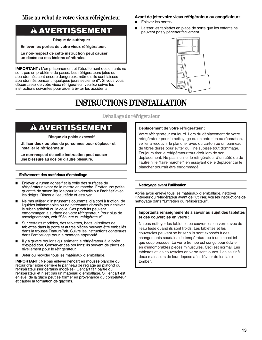 Whirlpool W10217604A Instructions D’INSTALLATION, Déballage duréfrigérateur, Nettoyage avant l’utilisation 