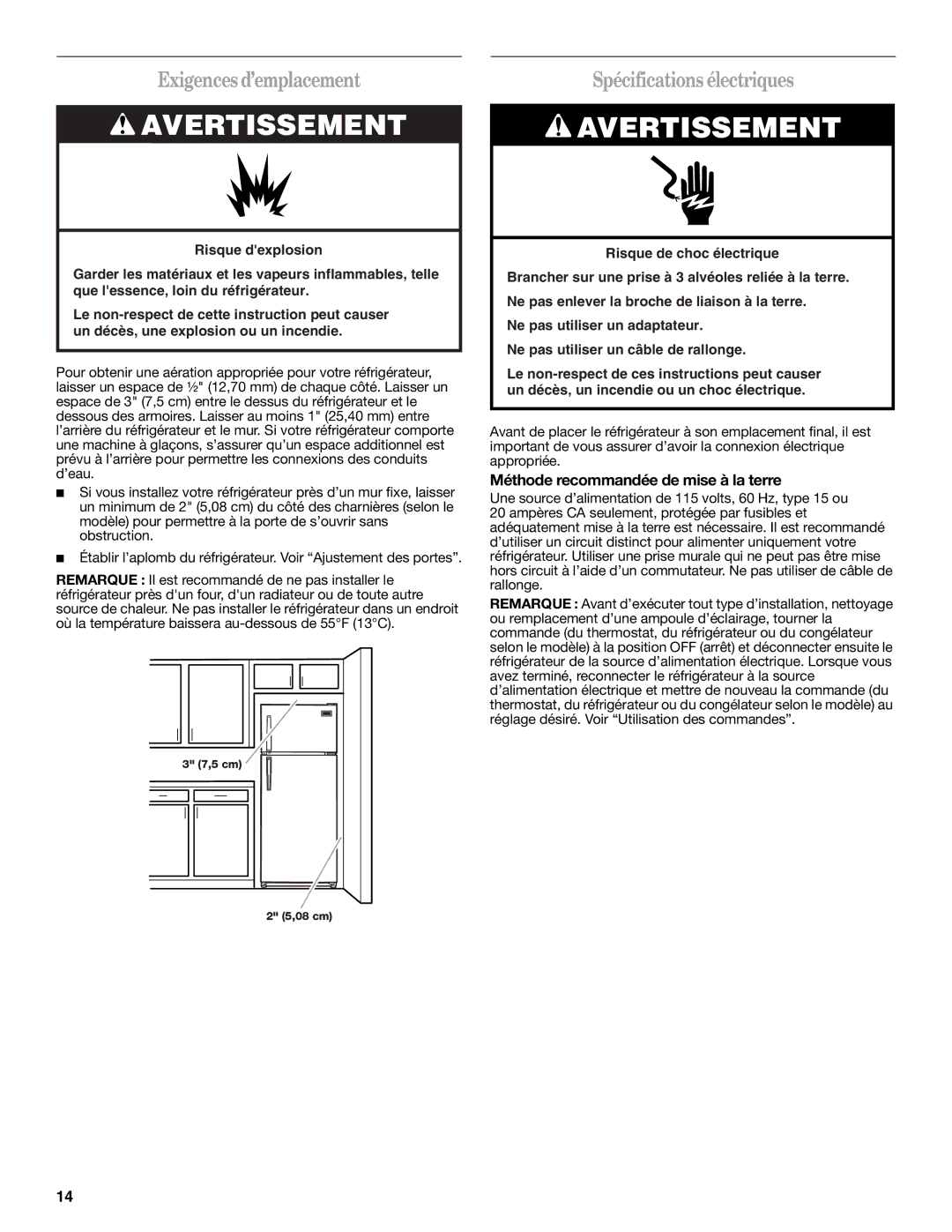 Whirlpool W10217604A Exigences d’emplacement, Spécifications électriques, Méthode recommandée de mise à la terre 