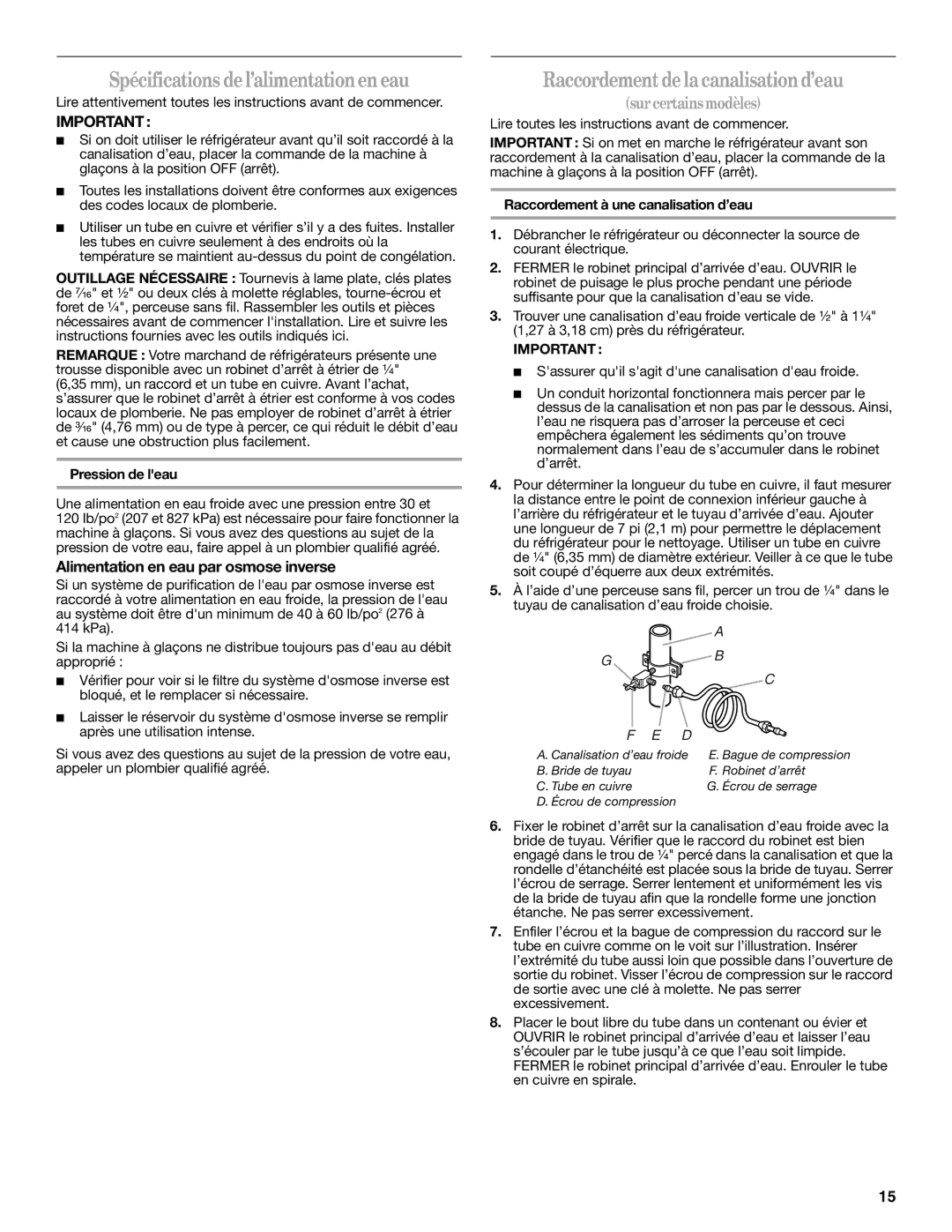 Whirlpool W10217604A Spécifications de l’alimentationen eau, Raccordement de la canalisation d’eau, Surcertainsmodèles 