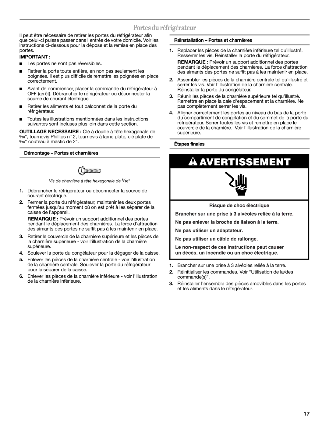Whirlpool W10217604A Portes du réfrigérateur, Démontage Portes et charnières, Réinstallation Portes et charnières 