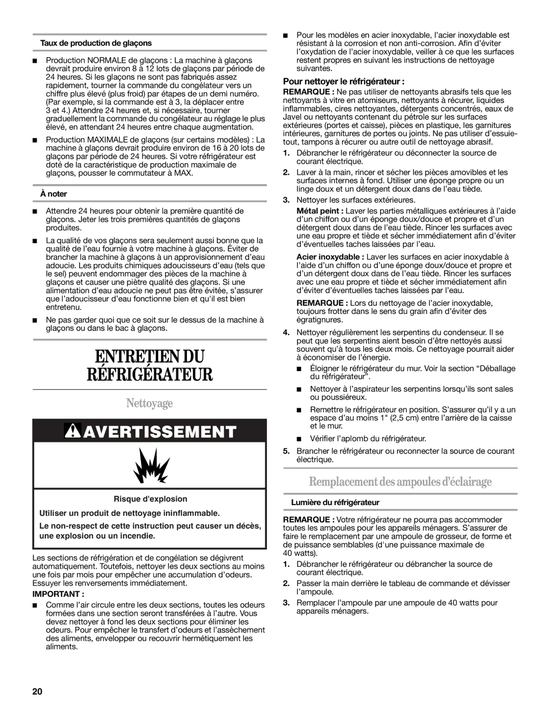 Whirlpool W10217604A installation instructions Entretien DU Réfrigérateur, Nettoyage, Remplacement des ampoules d’éclairage 