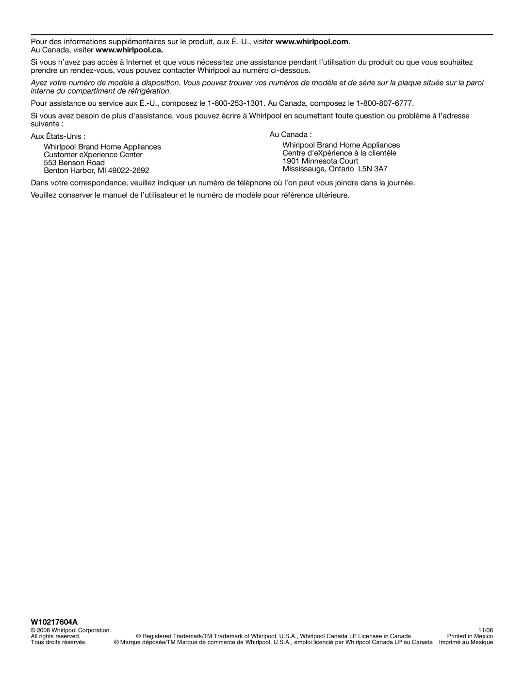 Whirlpool W10217604A installation instructions Whirlpool Corporation 11/08 All rights reserved 