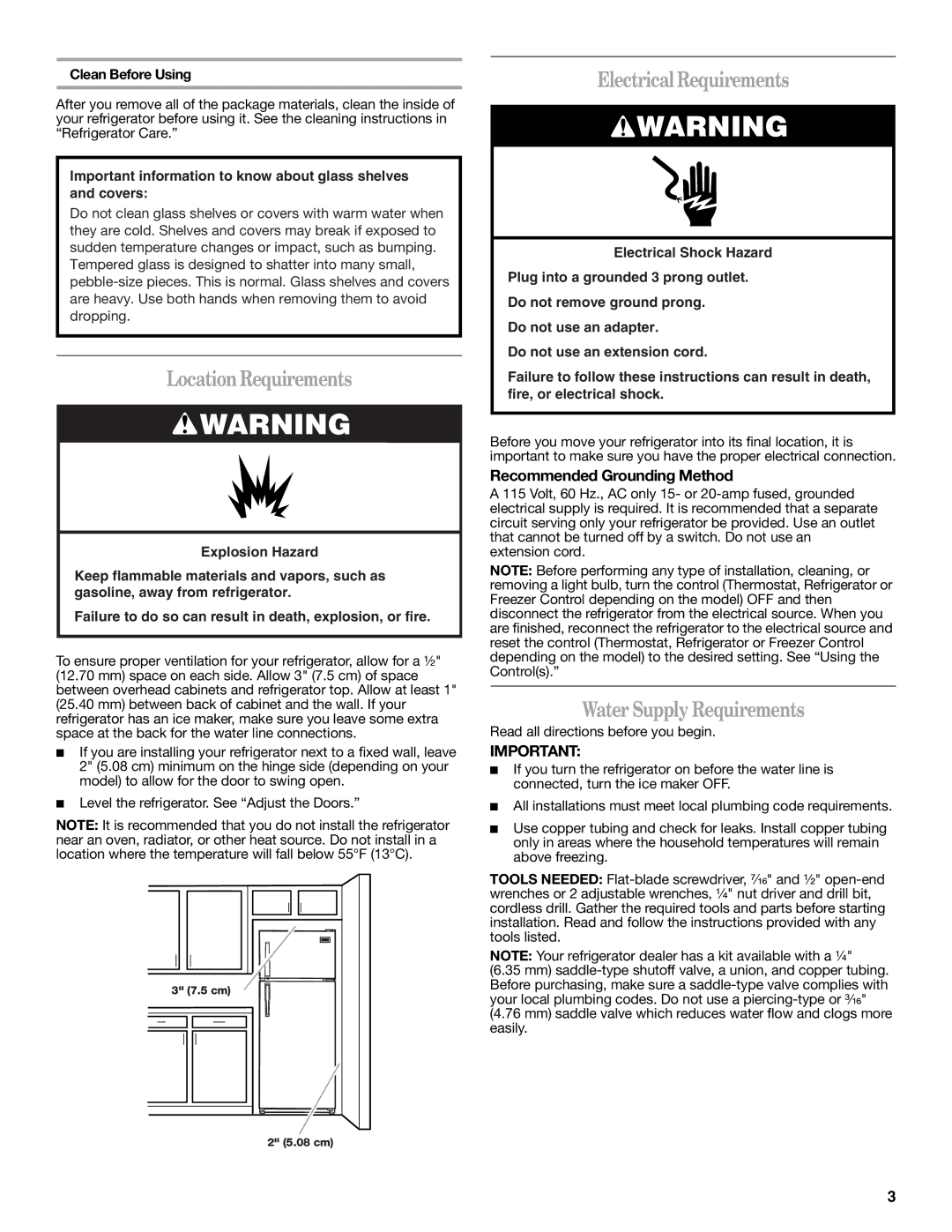 Whirlpool W10217604A LocationRequirements, Electrical Requirements, Water Supply Requirements, Clean Before Using 