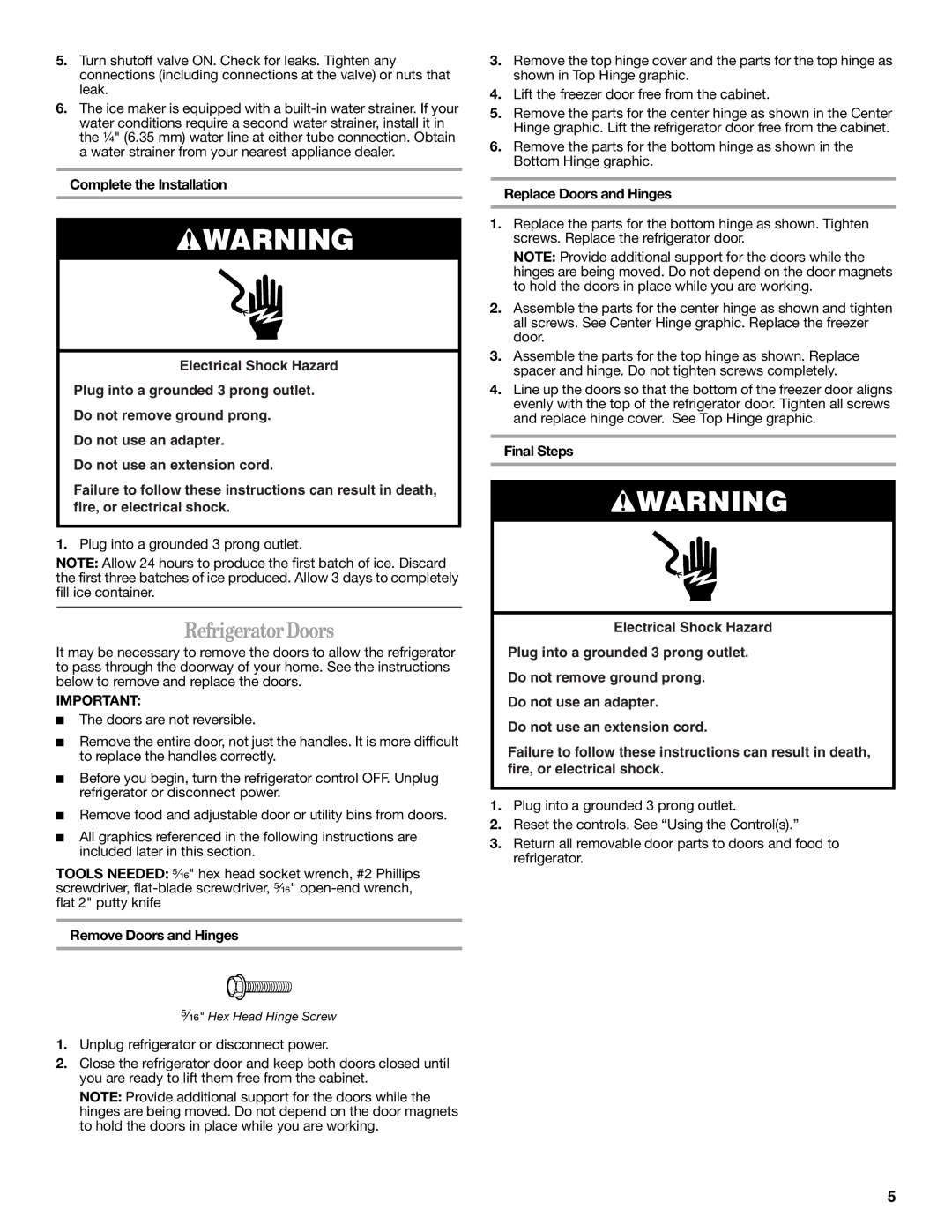 Whirlpool W10217604A installation instructions Refrigerator Doors, Remove Doors and Hinges, Replace Doors and Hinges 