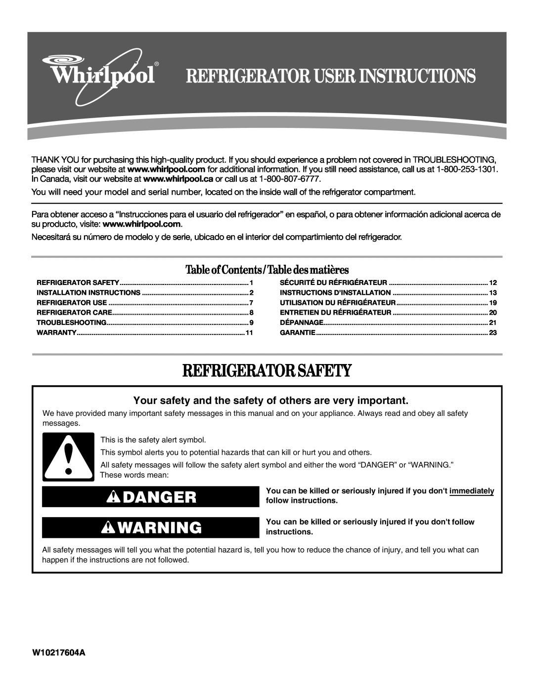 Whirlpool W10217604A installation instructions Refrigerator Safety, Danger, Table of Contents / Table desmatières 