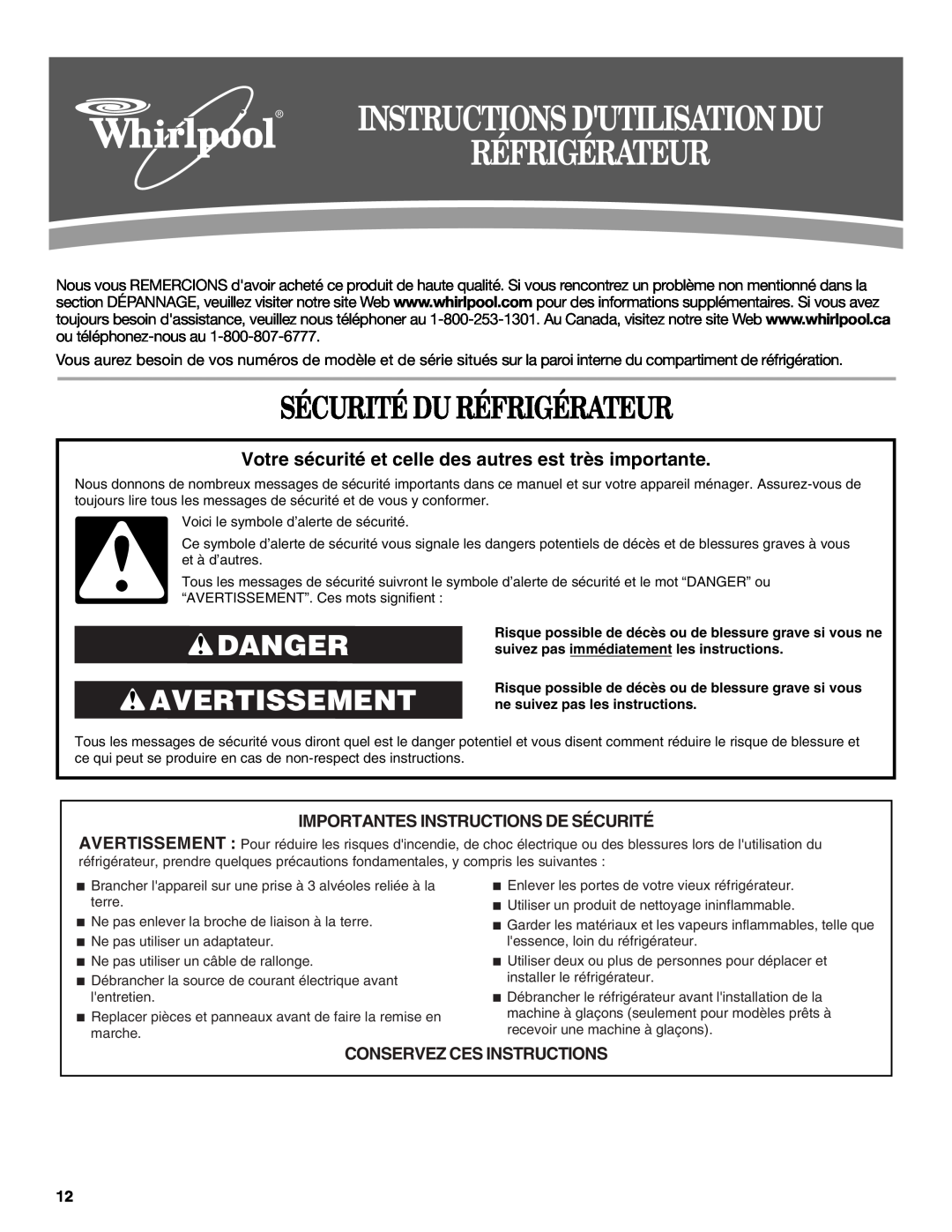 Whirlpool W10217604A Sécurité Du Réfrigérateur, Danger Avertissement, Importantes Instructions De Sécurité 