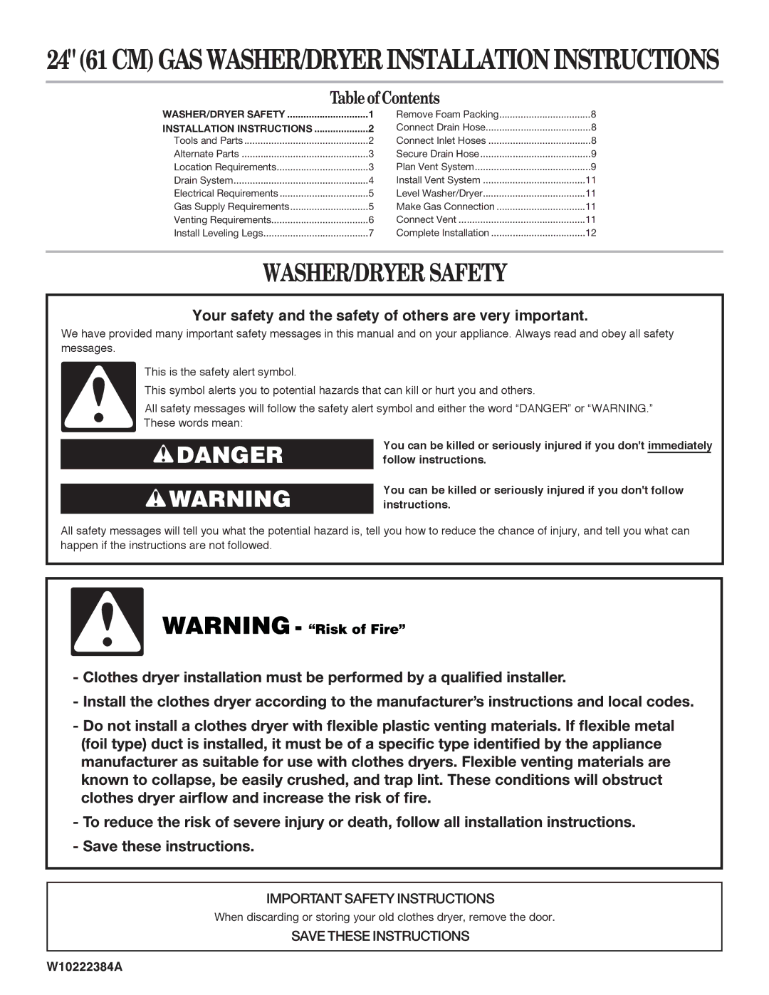 Whirlpool W10222384A important safety instructions WASHER/DRYER Safety 