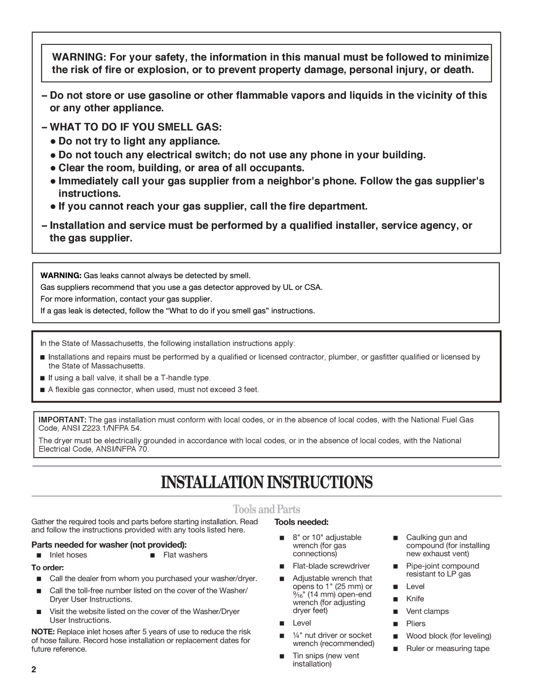 Whirlpool W10222384A ToolsandParts, Parts needed for washer not provided, Tools needed, Inlet hoses, To order 