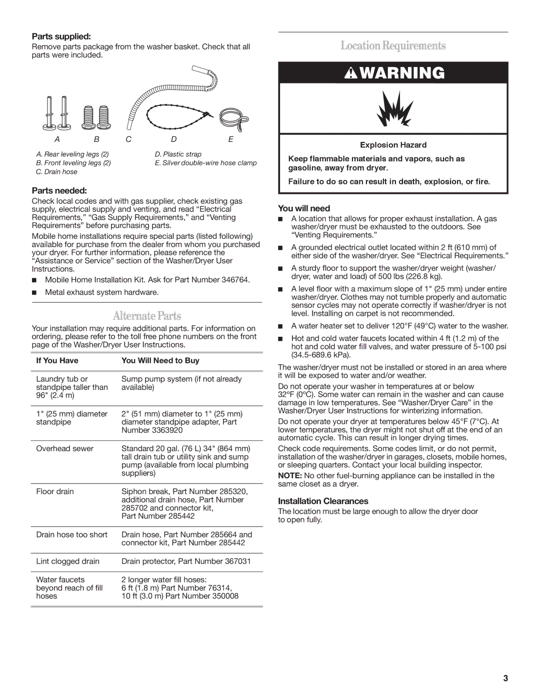 Whirlpool W10222384A important safety instructions AlternateParts, LocationRequirements 