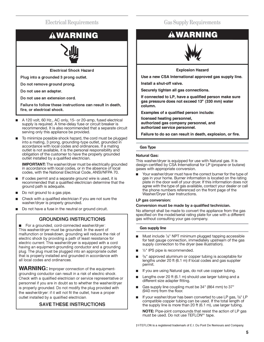 Whirlpool W10222384A important safety instructions Electrical Requirements, Gas Type Natural Gas, Gas supply line 