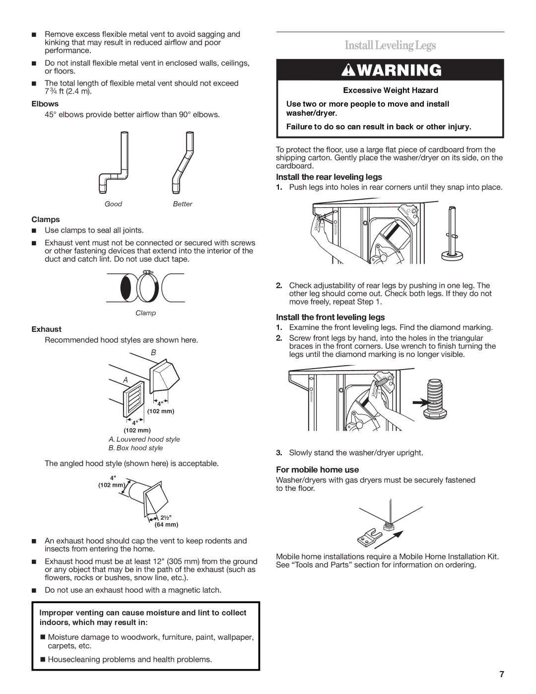 Whirlpool W10222384A Install Leveling Legs, Install the rear leveling legs, Install the front leveling legs 