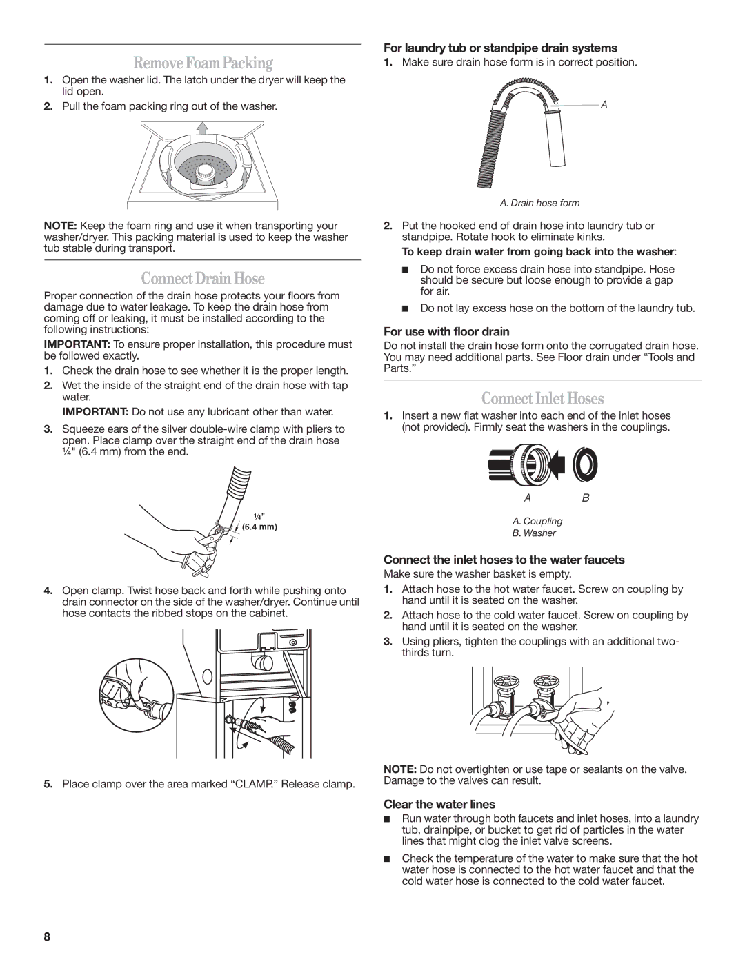 Whirlpool W10222384A important safety instructions RemoveFoamPacking, ConnectDrainHose, ConnectInletHoses 