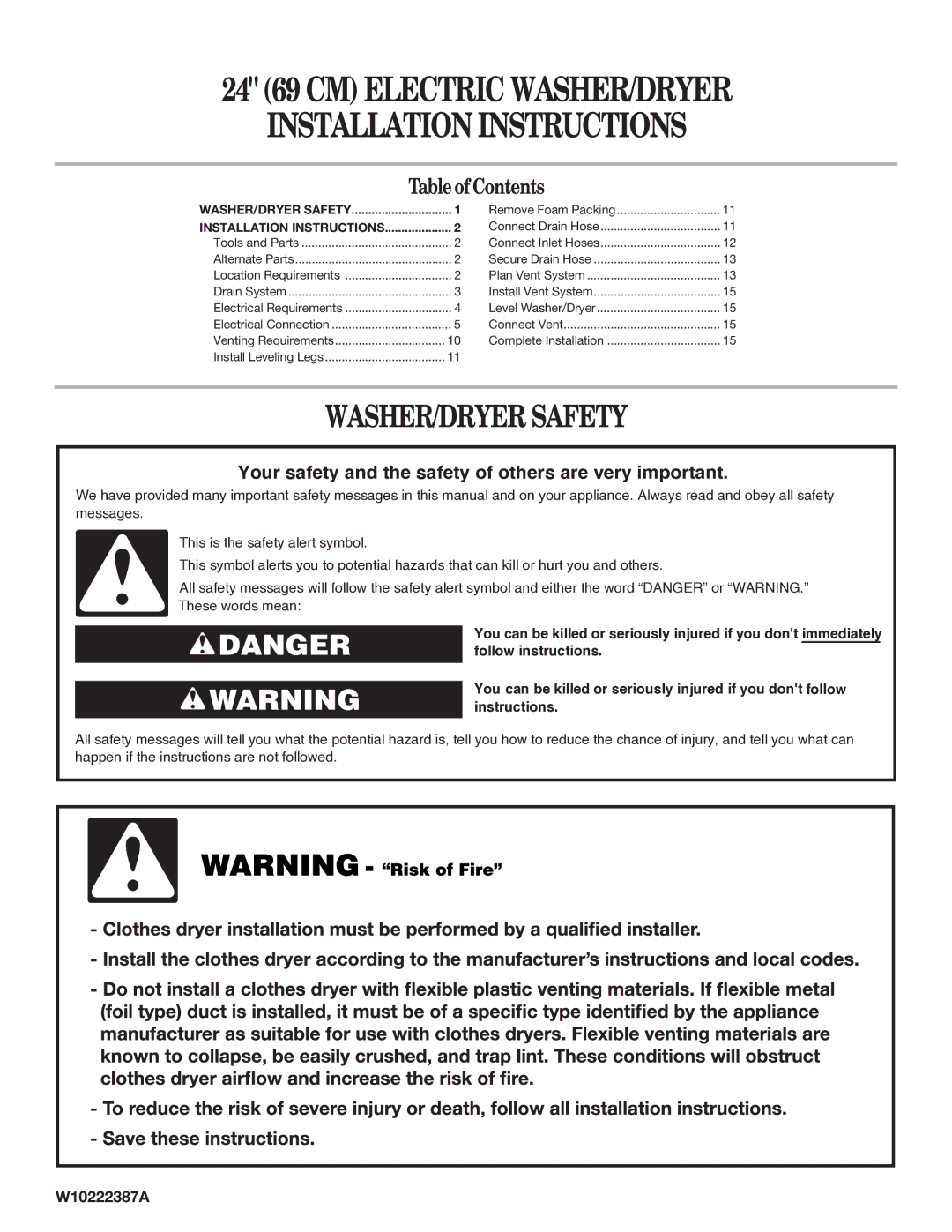 Whirlpool W10222387A installation instructions 24 69 CM Electric WASHER/DRYER Installation Instructions 