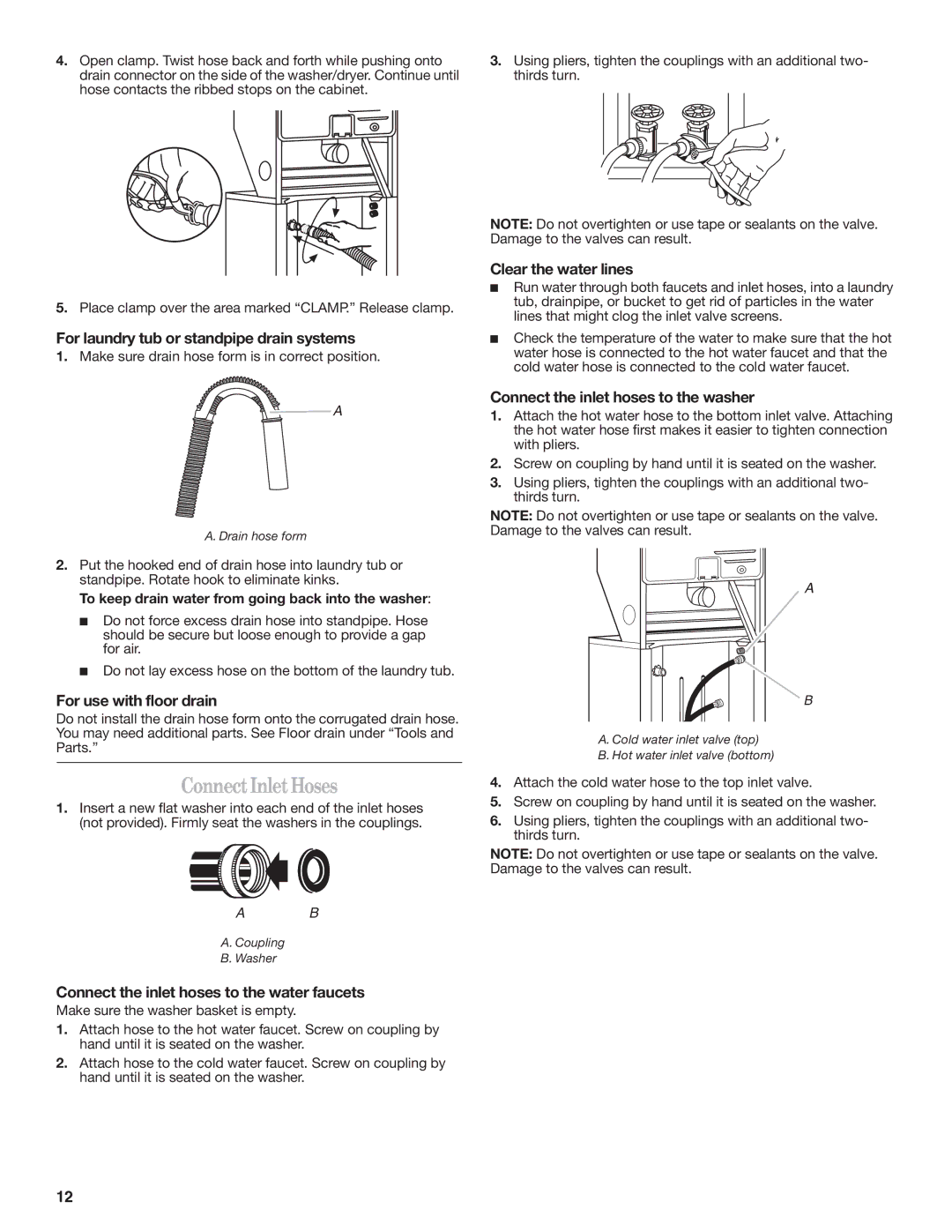 Whirlpool W10222387A installation instructions Connect Inlet Hoses 